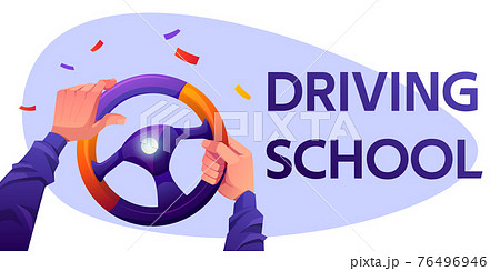 Driving school cartoon banner with driver hands Driving school cartoon banner with driver hands 76496946