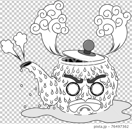 熱中症をやかんのキャラクターで表現したイラスト 白黒 のイラスト素材 熱中症をやかんのキャラクターで表現したイラスト 白黒 のイラスト素材