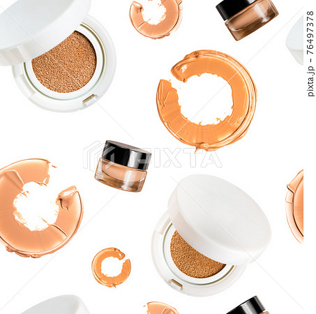 Seamless pattern of Powder cushion with smeared sample in the shape of a circle, Cosmetic face powder isolated on white background Seamless pattern of Powder cushion with smeared sample in the shape of a circle, Cosmetic face powder isolated on white background 76497378
