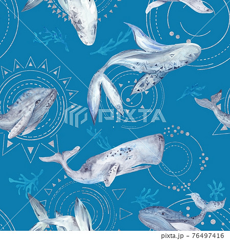 Space Whale Watercolor Pattern on blue background 76497416
