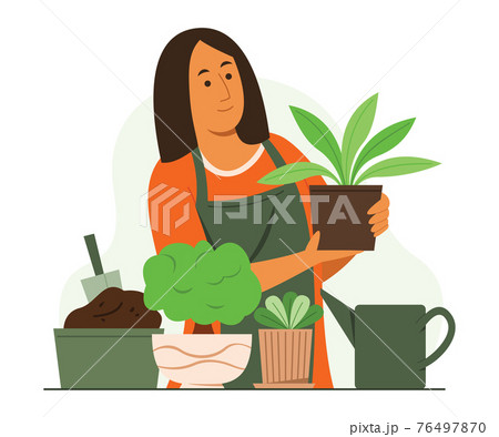 Woman Enjoy Gardening Activity with the Plants in the Garden. 76497870