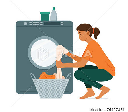 Woman Wash the Clothes with Washing Machine. 76497871