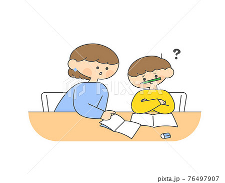 家庭学習をする息子を見守る母親 悩むのイラスト素材