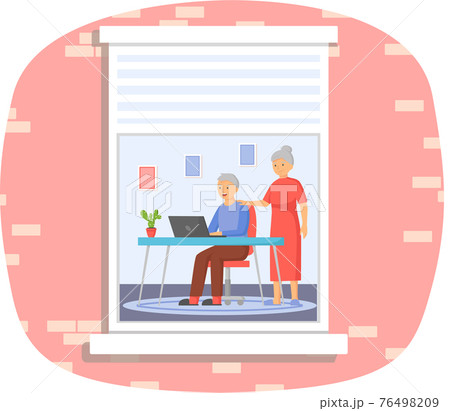 View from window to pair of smiling elderly man and woman surfing internet on computer together 76498209