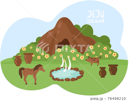 Horse and pig walks near small lake and rock. Jeju island nature and landscape vector illustration 76498210