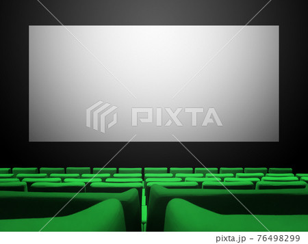 Cinema movie theatre with green seats and a blank white screen 76498299