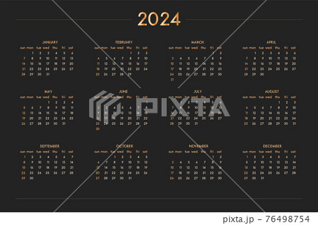 2024 calendar for personal planner diary notebook, gold on black luxury rich style. Horizontal landscape format. Week starts on sunday 2024 calendar for personal planner diary notebook, gold on black luxury rich style. Horizontal landscape format. Week starts on sunday 76498754