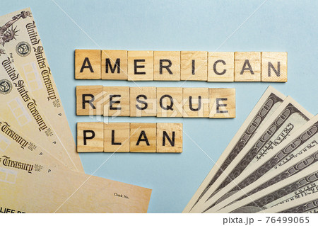 USA dollars background. American rescue plan, USA relief program, stimulus check and Act of 2021 concept. Money, business, profit and livelihood idea 76499065