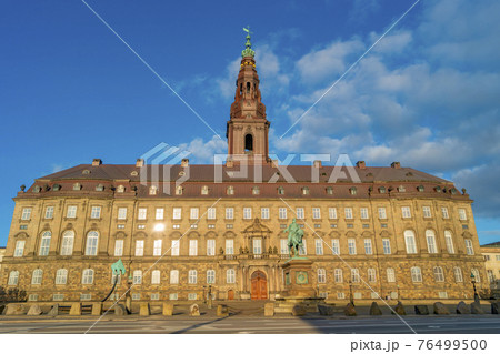 Christiansborg Palace and statue of Christian IX illuminated in early morning, Copenhagen, Denmark Christiansborg Palace and statue of Christian IX illuminated in early morning, Copenhagen, Denmark 76499500