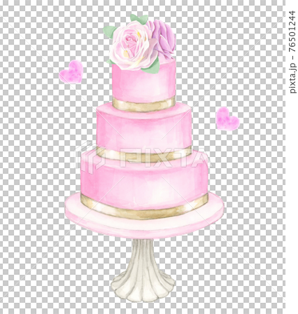 ウエディングケーキ バラとリボンの飾り ハート付き【手描き水彩画】 ウエディングケーキ バラとリボンの飾り ハート付き【手描き水彩画】 76501244