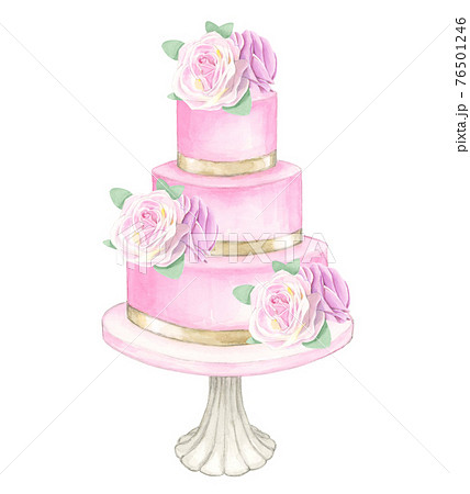 ウエディングケーキ バラとリボンの飾り 手描き水彩画 のイラスト素材