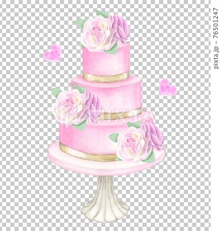ウエディングケーキ バラとリボンの飾り ハート付き 手描き水彩画 のイラスト素材