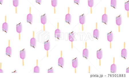 Bitten pink cookie ice creams on stick on white background. Icecream pattern Bitten pink cookie ice creams on stick on white background. Icecream pattern 76501883