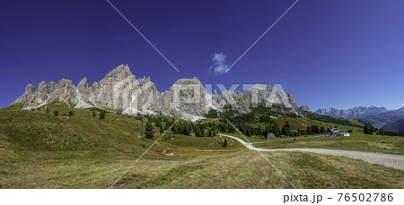 Panoramic view of magical Dolomite peaks of Pizes da Cir, Passo Gardena at blue sky and sunny day, South Tyrol, Italy, wide angle Panoramic view of magical Dolomite peaks of Pizes da Cir, Passo Gardena at blue sky and sunny day, South Tyrol, Italy, wide angle 76502786
