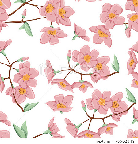 Fresh pink flowers on branch with leaves seamless pattern. Vector hand drawn illustration of spring flowers. Fresh pink flowers on branch with leaves seamless pattern. Vector hand drawn illustration of spring flowers. 76502948