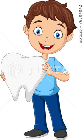 Cartoon little boy holding big tooth Cartoon little boy holding big tooth 76504042