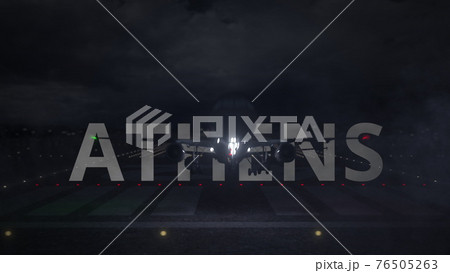 ATHENS text and commercial plane taking off from the airport runway at night, 3d rendering 76505263
