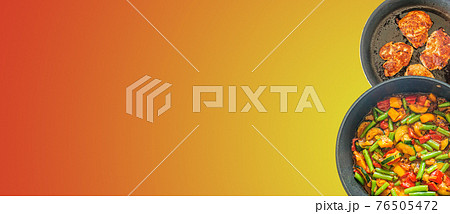 Banner with traditional homemade turkey stew with vegetables, indoor, process of cooking with copy space for text and gradient red orange background, details, closeup. Banner with traditional homemade turkey stew with vegetables, indoor, process of cooking with copy space for text and gradient red orange background, details, closeup. 76505472