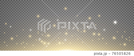 Sun light with sparkle on long banner. Gold sunrise effect on transparent background. Magic lens flare. Glitter star flash. Bright sky. Spotlight design. Christmas decoration. Vector illustration 76505826