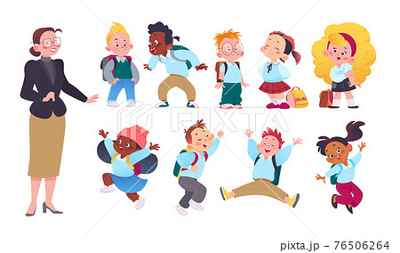 Teacher and happy school kids set in uniform with school bags isolated on white background. Teacher and happy school kids set in uniform with school bags isolated on white background. 76506264
