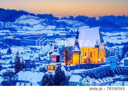 Biertan, Transylvania. Winter medieval landscape in Romania. 76506563