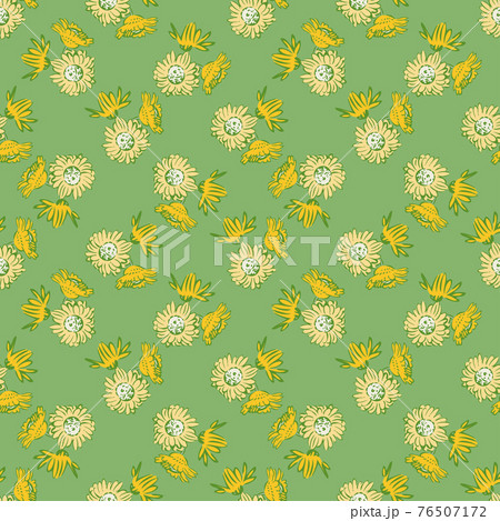 Chrysanthemum flowers drawing, bloom in yellow colors, floral seamless pattern, nature abstract background vector. Line art botanical illustration graphic design print, fabric. Trendy green wallpaper Chrysanthemum flowers drawing, bloom in yellow colors, floral seamless pattern, nature abstract background vector. Line art botanical illustration graphic design print, fabric. Trendy green wallpaper 76507172