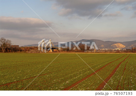 Field of crops at early spring with view of a bridge and hills during golden sunset near Heidelberg, Germany, reddish sundown Field of crops at early spring with view of a bridge and hills during golden sunset near Heidelberg, Germany, reddish sundown 76507193