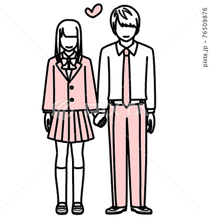 手を繋いで立っている高校生カップルのイラスト素材