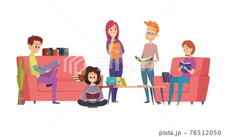 Reading club. Book readers, students or library visitors. Teenagers with books vector illustration Reading club. Book readers, students or library visitors. Teenagers with books vector illustration 76512050