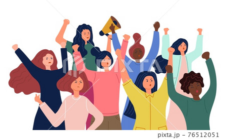 Womam protest. Sad angry demonstration, multicultural women crowd. Young girl scream vector illustration Womam protest. Sad angry demonstration, multicultural women crowd. Young girl scream vector illustration 76512051