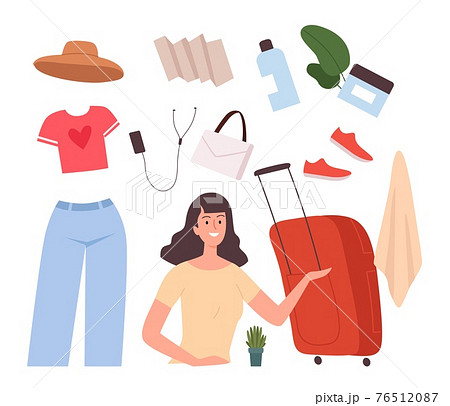 Girl base travel stuff. Female baggage, bag and suitcase, map and fashion clothes. Happy woman go to vacation vector concept 76512087