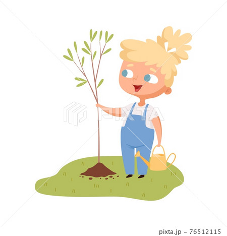 Girl planted tree. Joyful baby with cuttings of plant, gardening and plant growing hobbies. Save the planet, ecology vector illustration 76512115