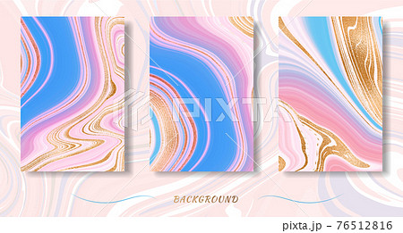 Gold marble design. A set of three images in beautiful pink and blue marble and bright gold. 76512816