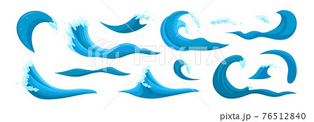 Tsunami waves and tides elements. Big wave surfing set. Cartoon vector illustration  76512840