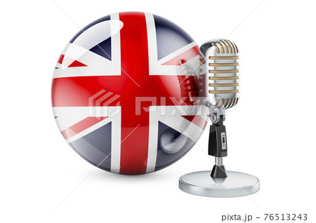 Music of the Great Britain concept. Retro microphone with British flag. 3D rendering 76513243