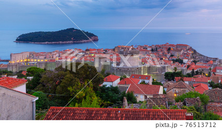 Dubrovnik. Scenic view of the city in lights from the air at sunset. 76513712