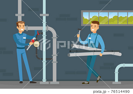 Young Man Plumber Wearing Blue Overall Fixing Tubes and Pipe Lines Vector Illustration Young Man Plumber Wearing Blue Overall Fixing Tubes and Pipe Lines Vector Illustration 76514490