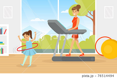 Young Mother and Her Daughter Doing Physical Exercise on Treadmill and with Hula Hoop Vector Illustration 76514494