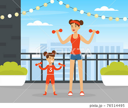 Young Mother and Her Daughter Doing Physical Exercise Lifting Dumbbells Vector Illustration 76514495