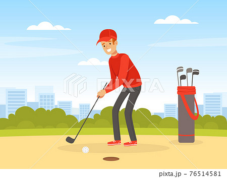 Cheerful Male Playing Golf Hitting Ball into Hole with Club Vector Illustration 76514581