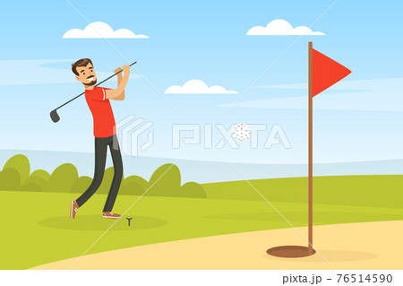 Cheerful Male Playing Golf Hitting Ball into Hole with Club Vector Illustration Cheerful Male Playing Golf Hitting Ball into Hole with Club Vector Illustration 76514590