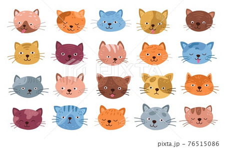 Funny cats faces. Isolated cat head, cute kitten cartoon smiles. Flat little pets expressive emoji, happy emotions of animals exact vector set 76515086