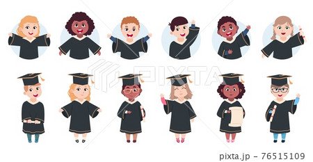 Happy graduation characters. Preschool graduates, cute cartoon little students with diploma. Isolated funny children avatars vector set 76515109