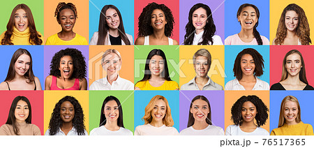 Composite creative collage of happy diverse multicultural women 76517365