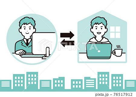 パソコン作業をしているビジネスパーソンのイラスト 男性 オフィスワークと在宅勤務の切り替えのイラスト素材