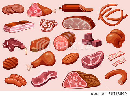 Meat and sausages, butchery shop food products set Meat and sausages, butchery shop food products set 76518699