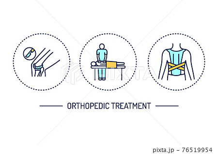 Orthopedic treatment line color icons set. Rehabilitation after injuries. Isolated vector element. Orthopedic treatment line color icons set. Rehabilitation after injuries. Isolated vector element. 76519954
