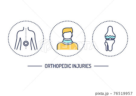 Orthopedic injuries line color icons set. Rehabilitation after injuries. Isolated vector element. Orthopedic injuries line color icons set. Rehabilitation after injuries. Isolated vector element. 76519957