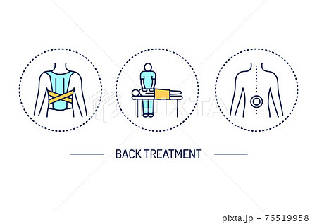 Back treatment line color icons set. Rehabilitation after injuries. Isolated vector element. Back treatment line color icons set. Rehabilitation after injuries. Isolated vector element. 76519958