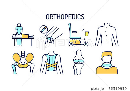 Orthopedics line color icons set. Rehabilitation after injuries. Isolated vector element. 76519959